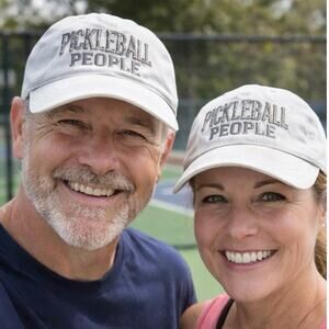 Pickleball People White Adjustable Hat Distressed tan Embroidery Baseball Cap